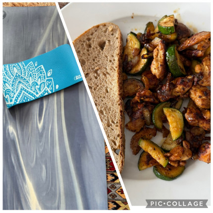 Chicken thighs , zucchini and onions with a slice of sourdough bread.Yoga in the morning