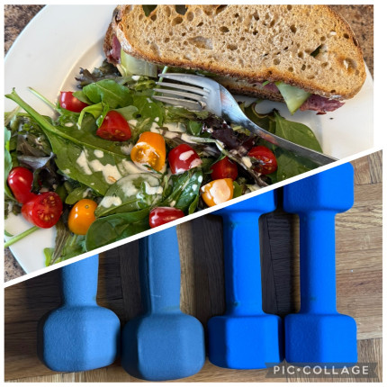 Smoked meat sandwich with pickles and sourdough bread . Dumbbells and wall pushups