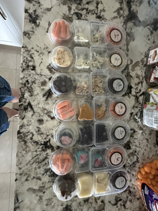 I was thinking that snacks are my hardest so I made up 7 different snack packs for the week. Now a