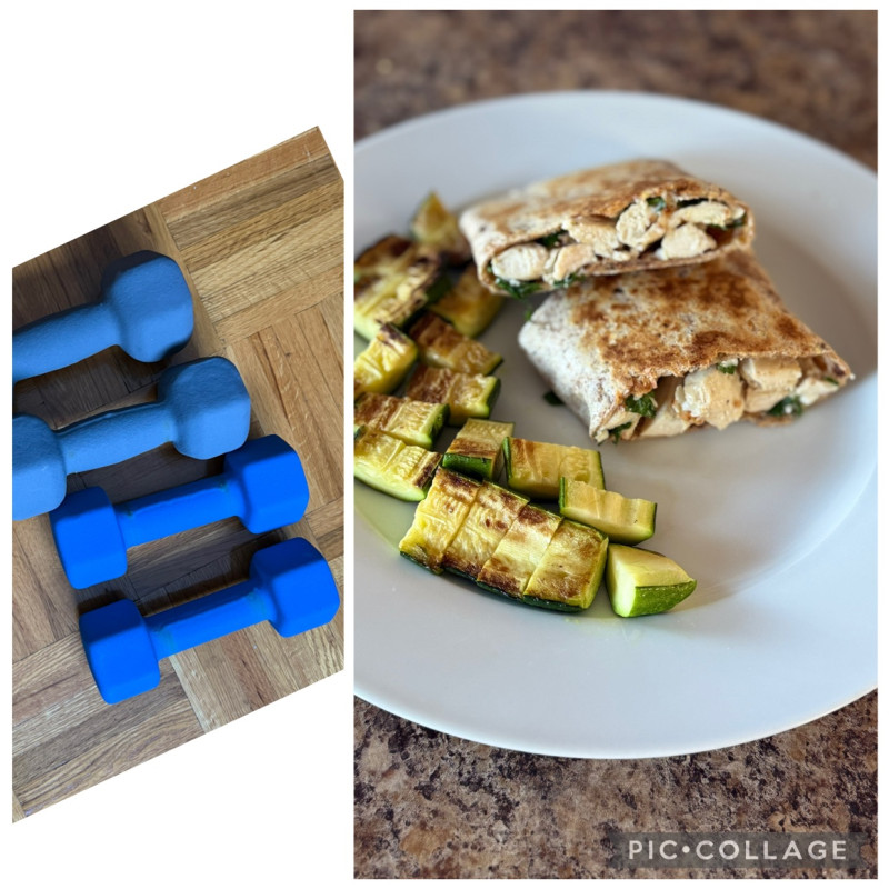 First workout of the year done in the morning . First meal was : chicken breast , feta and parsley w