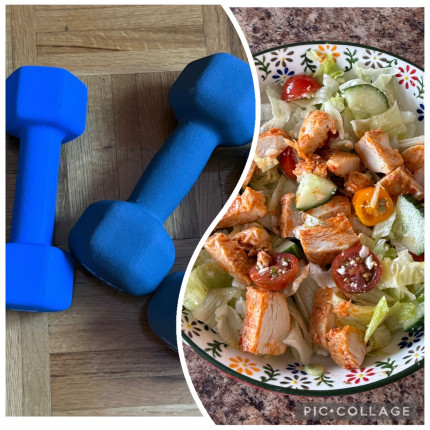 Dumbbells and wall push ups in the morning Salad and chicken breast for lunch