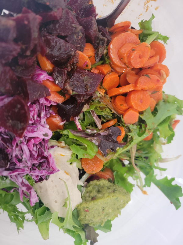 Leftover salads salad, the base is spring mix, like 5 cups. The other salads are leftover beets sala