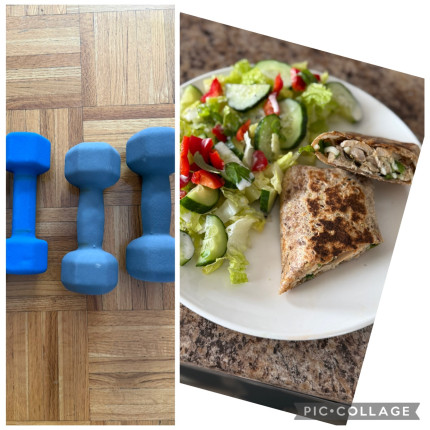 Been working hard towards my goals !Workout done First meal at 10:45 am : chicken wrap with salad