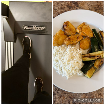 Treadmill between lunch and dinner . Chicken kabab with rice and zucchini