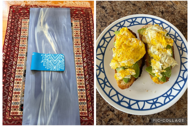 Starting the morning right with yoga .Sour dough bread , avocado and an egg for breakfast.