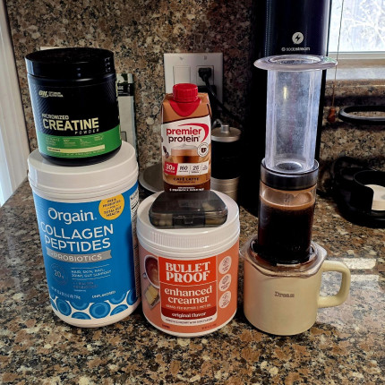 It's not pretty but it's easy for me. My breakfast is basically the same every morning. Fresh grind