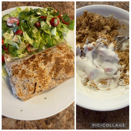 And for the last meal pics Chicken wrap with salad Greek yogurt, strawberries and weetabix cereal .