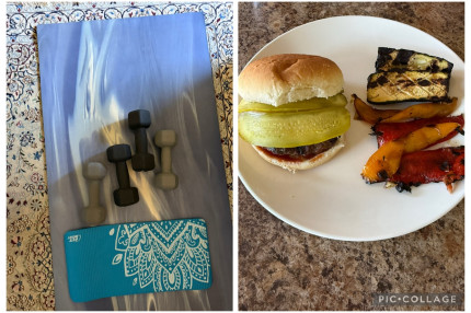 Dumbbells in the morning Breakfast was protein pancakes Lean hamburger with grill veggies for lunch