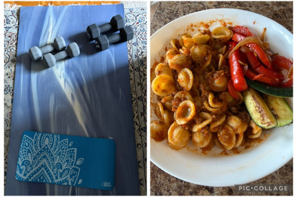 Dumbbells Pasta and veggies for lunch