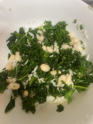 My favorite meal combines 3 staples: white basmati rice, beans, and kale. I season to taste and add