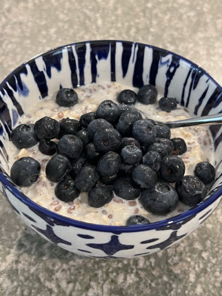 Per this week's nutritional challenge, I'd love to share my breakfast: a small bowl of blueberries a