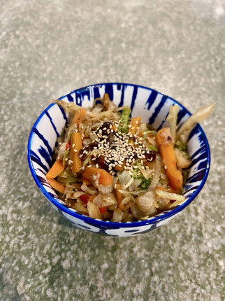 Today's lunch is a veggie stir fry: high volume, high fiber, but not so high protein. What are your