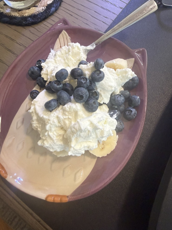 Plain Greek yogurt with 1/2 banana and blueberries. I use 1 cup of yogurt to add extra protein. 27 g