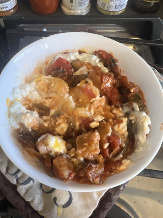 Here is my favorite meal while trying to lose weight! I cook eggplant, canned tomatoes, zucchini, mu