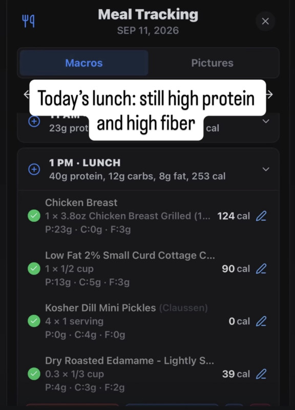 Give this recipe a try! Cottage cheese, chopped chicken, pickles, dried edamame and seasoning. Hugh