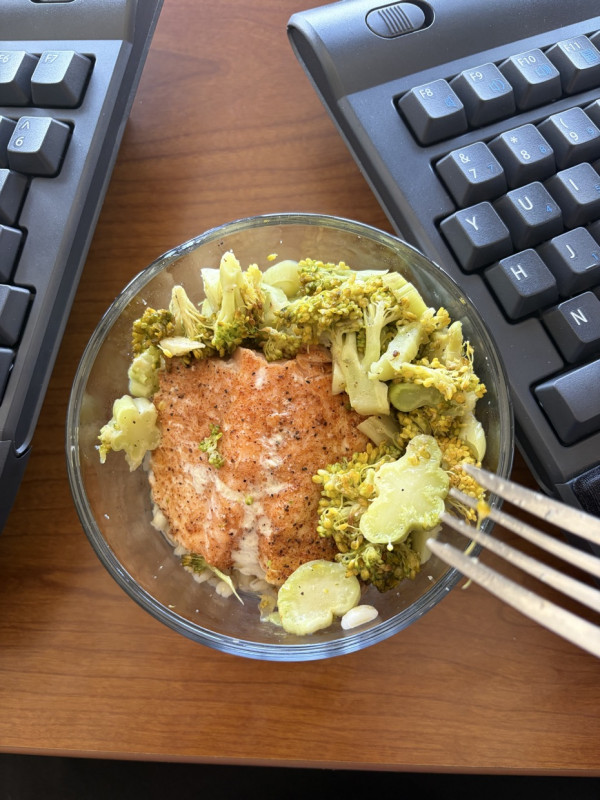 Lunch today! Salmon, broccoli, and barley (it’s hiding under there)