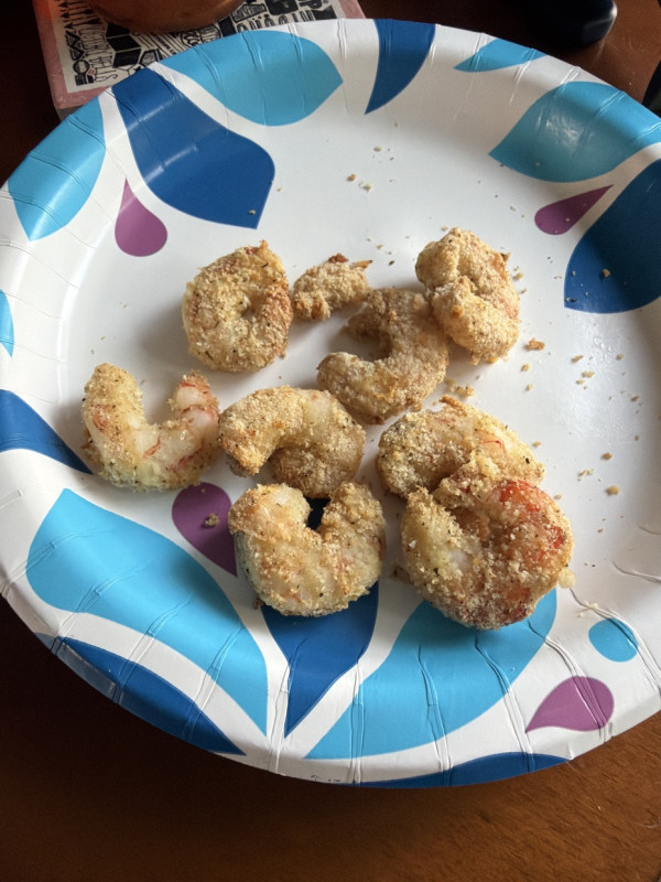 Late late lunch of air fried shrimp with lemon pepper breading. I just started using an air fryer a