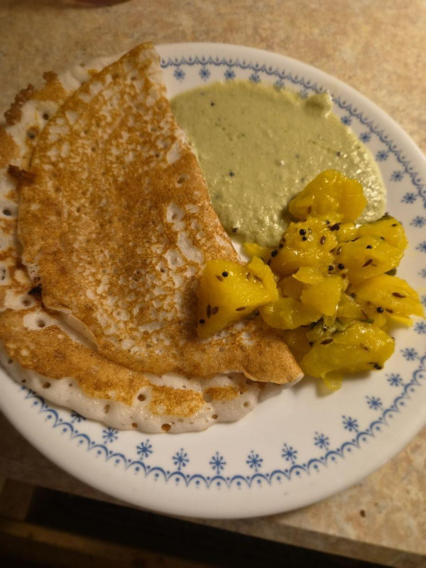 Weekend treat meal- Fermented rice and lentil crepe( dosa), coconut, cilantro, peanut dip with littl