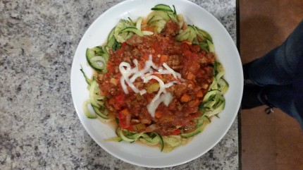Spaghetti with zucchini noodles!yummy. I made a organic lean ground beef sauce with tons of veggies.
