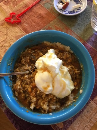 Pumpkin yogurt oatmeal! 22 G protein, 11 g of fiber, 6 g fat, 383 calories. Breakfast!