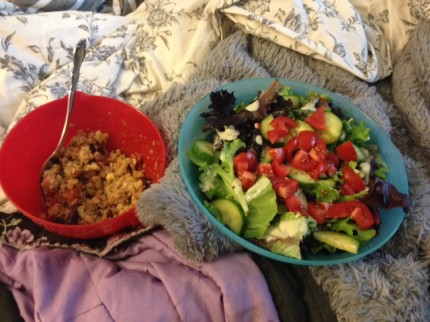 Lunch after completing day 2 of the beginner's calendar! Mexicali casserole and a salad with cucumbe