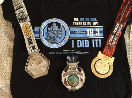 I did it! Ran 19.3 miles and got these 3 bling Star Wars medals