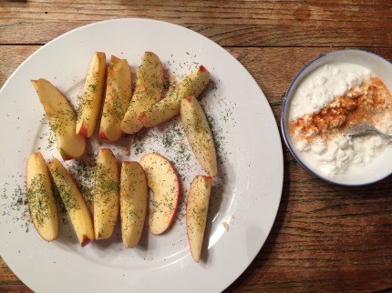 This may not looking exciting (Gala Apple with lemon juice, dill, and ginger paired with cottage che