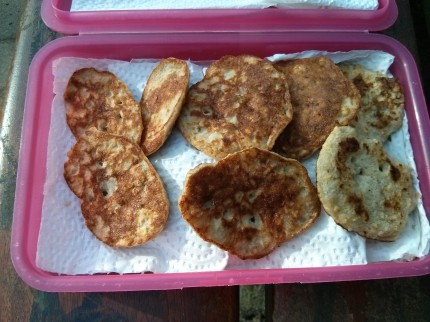 Made baby pancakes today (they're small AND fit into my toddler's hand): You only need 3 ingredients