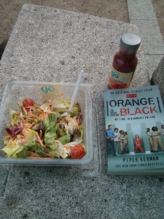 Lunch - salad and a smoothie - and reading time on the playground while the kid takes a nap. :)