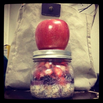 Overnight oats with almond milk, chia seeds, blackberries, and strawberries. A lovely apple for dese