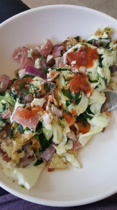 Down 5 lbs! Whoop Whoop!6 egg whites, 2 slices turkey bacon, handful spinach, chopped mushrooms and