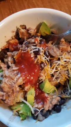 Brown rice, lean ground turkey with onions, black beans, little cheese and salsa and avocado!
