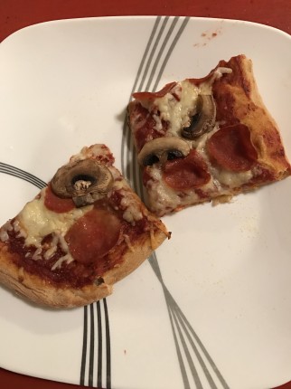Homemade whole wheat pizza dough with homemade sauce, mushrooms and turkey pepperoni. 21DF 2 yellows
